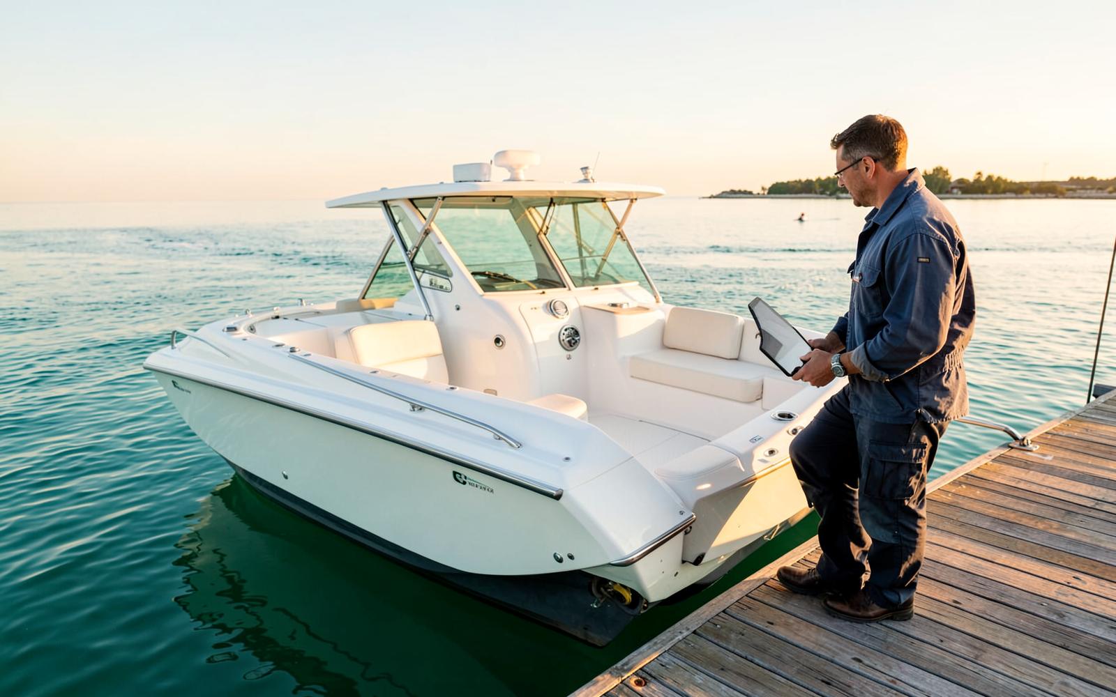 Marine technician reviewing boat diagnostics on a tablet beside a center console boat